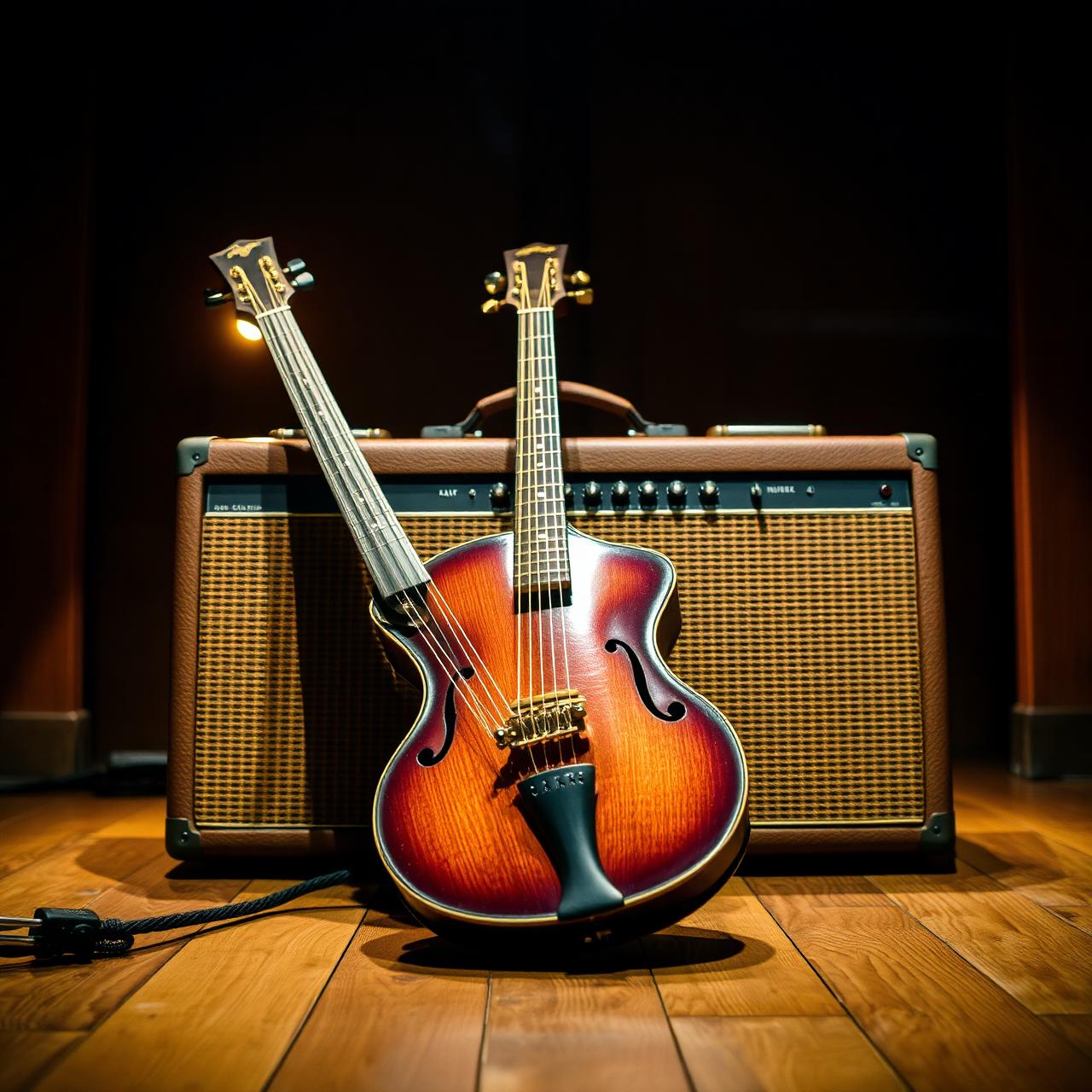 Acoustic guitar and amp on stage